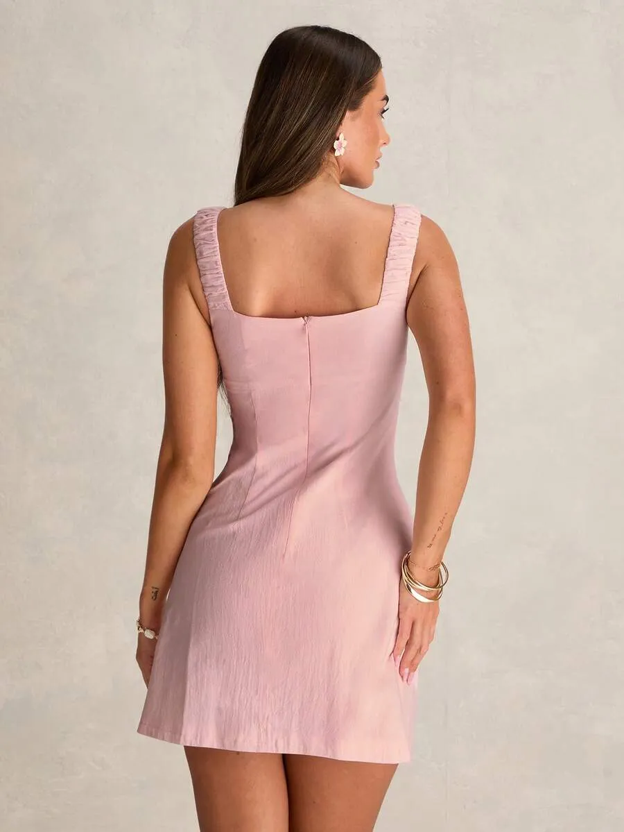 pink-pleated-ruched-bust-square-neck-mini-dress