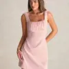 Women’s Pink Pleated Ruched Bust Square Neck Mini Dress