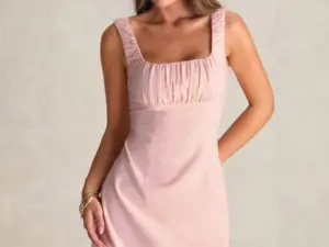 Women’s Pink Pleated Ruched Bust Square Neck Mini Dress