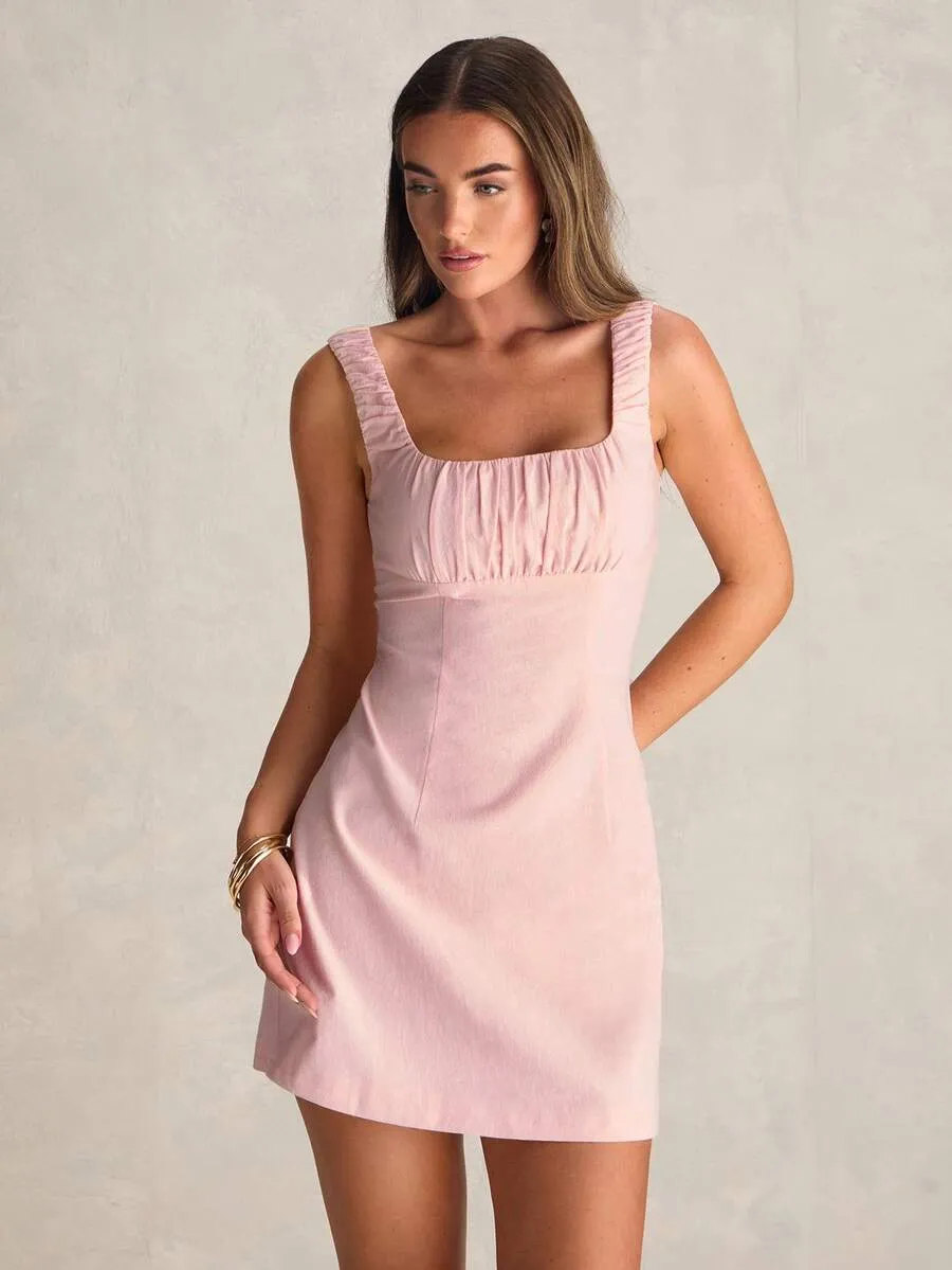 womens-pink-pleated-ruched-bust-square-neck-mini-dress