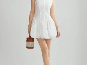 Women’s White Floral Eyelet Embroidered Ruffle Hem Mini Dress